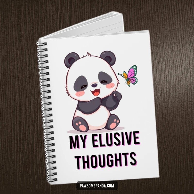 Funny notebook featuring a giggling panda trying to catch a butterfly, perfect for notes, sketches, and creative thoughts.
