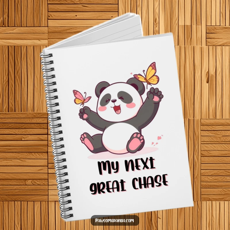 Funny panda notebook with a playful panda character chasing a butterfly, ideal for journaling, notes, and sketches with a lively touch.