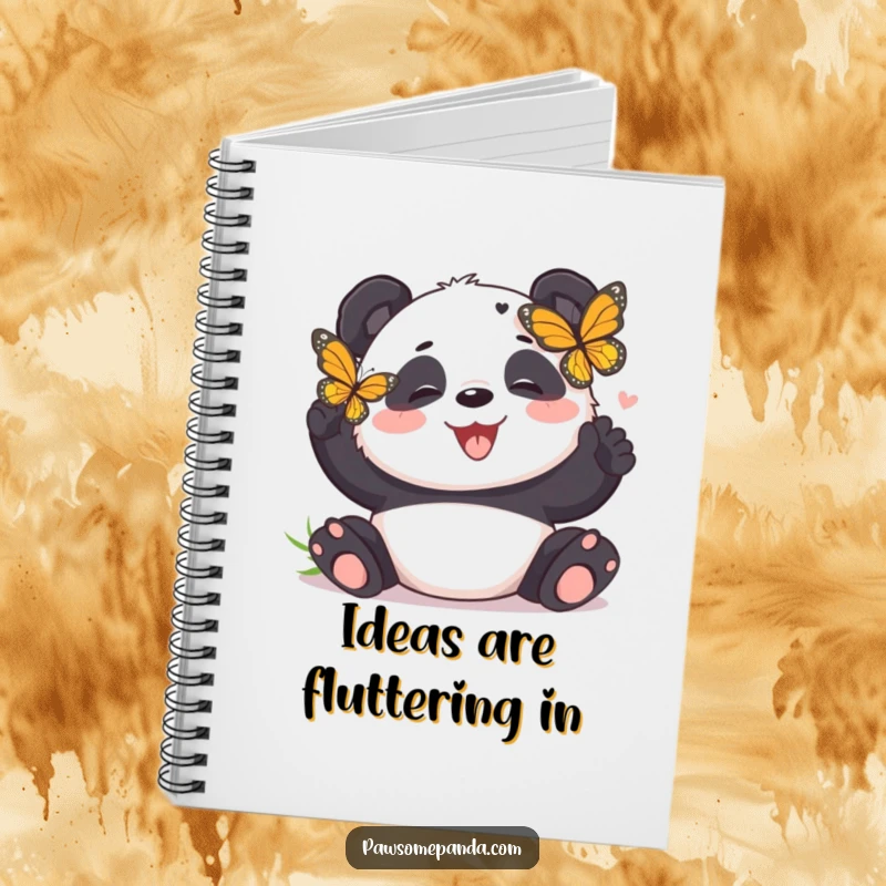 Funny panda notebook featuring a panda bear giggling as a butterfly tickles it, ideal for humorous note-taking.