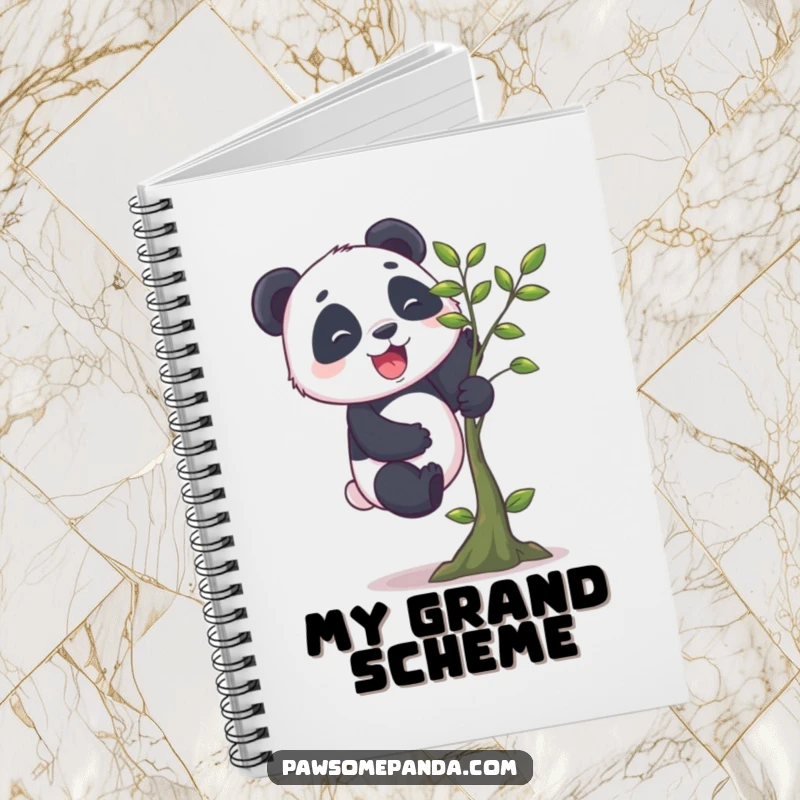 Funny panda notebook with a cheerful panda character with stubby legs enthusiastically climbing a small tree, designed to inspire adventurous writing.