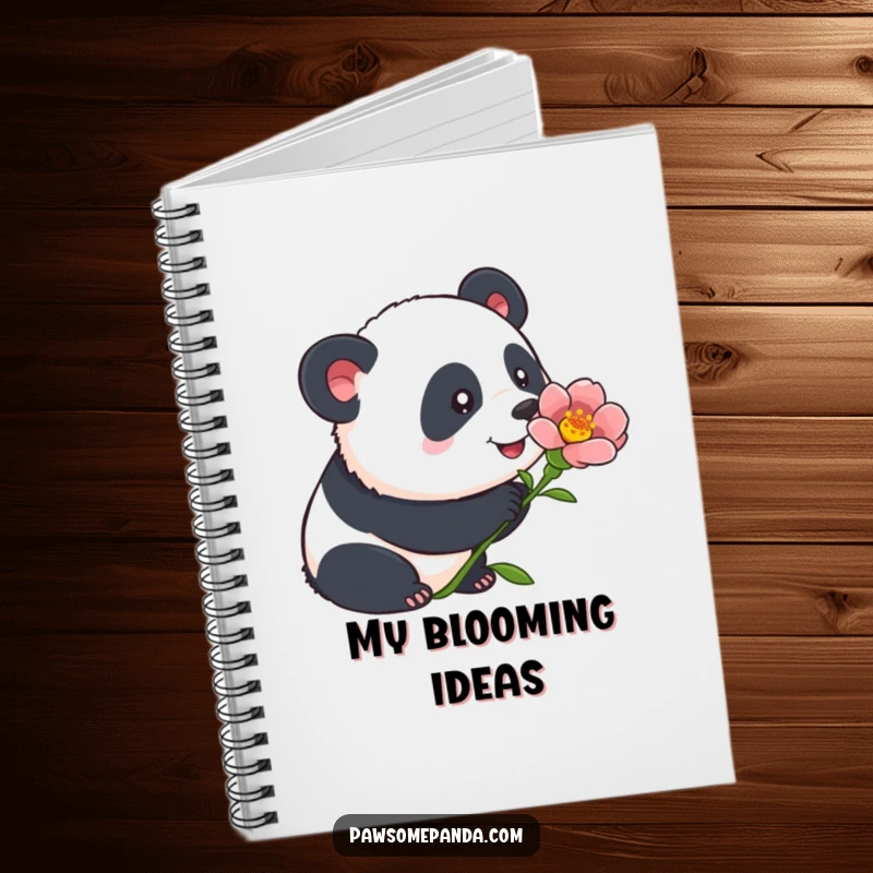 Funny panda notebook featuring a curious panda sniffing a blooming flower with alert ears, perfect for jotting down notes with gentle charm.