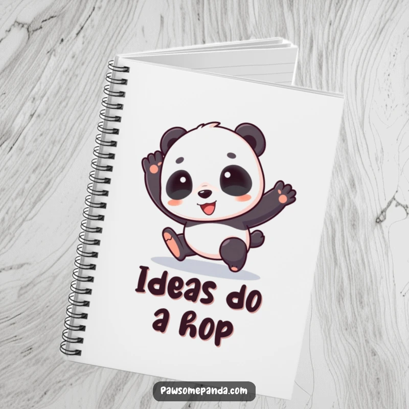Funny notebook with a cute panda character in a happy hopping pose, ideal for jotting down notes and ideas.