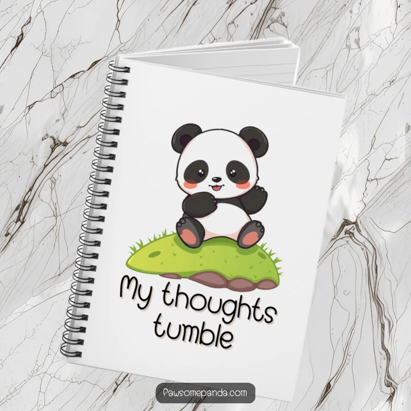 Funny notebook adorned with a joyful panda character rolling down a green hill, ideal for jotting down notes with a smile.