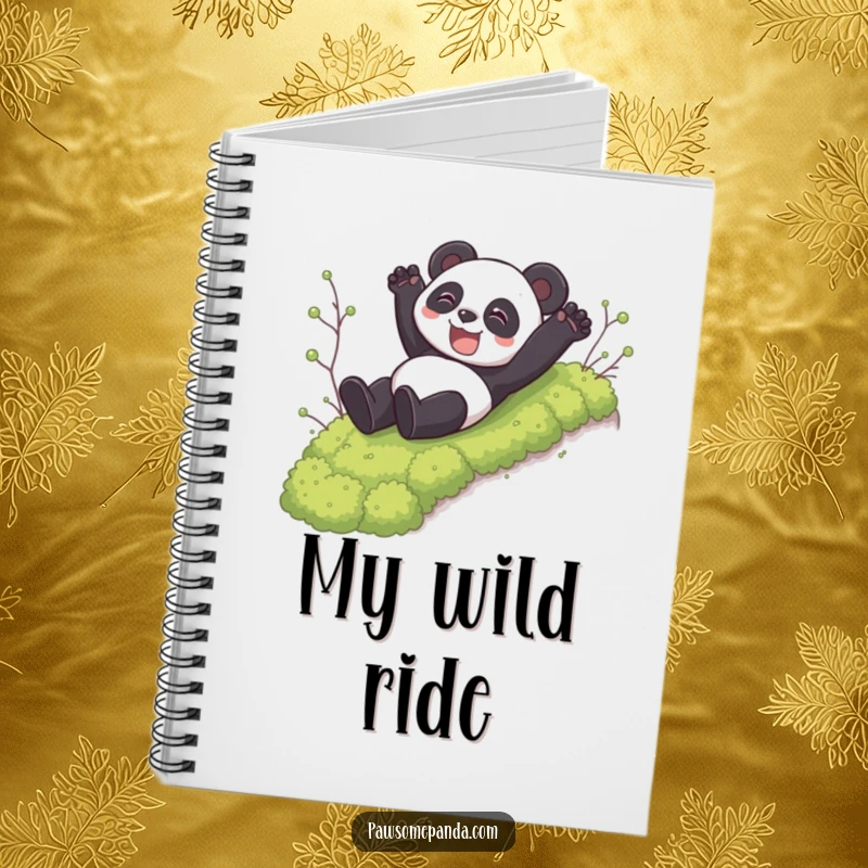 Funny notebook with a panda character sliding down a mossy hill, ideal for journaling adventures with humorous flair.