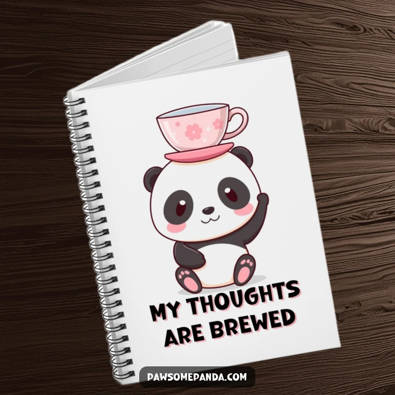 Funny notebook cover featuring a panda balancing a teacup on its head, inspiring calm and focused creativity.