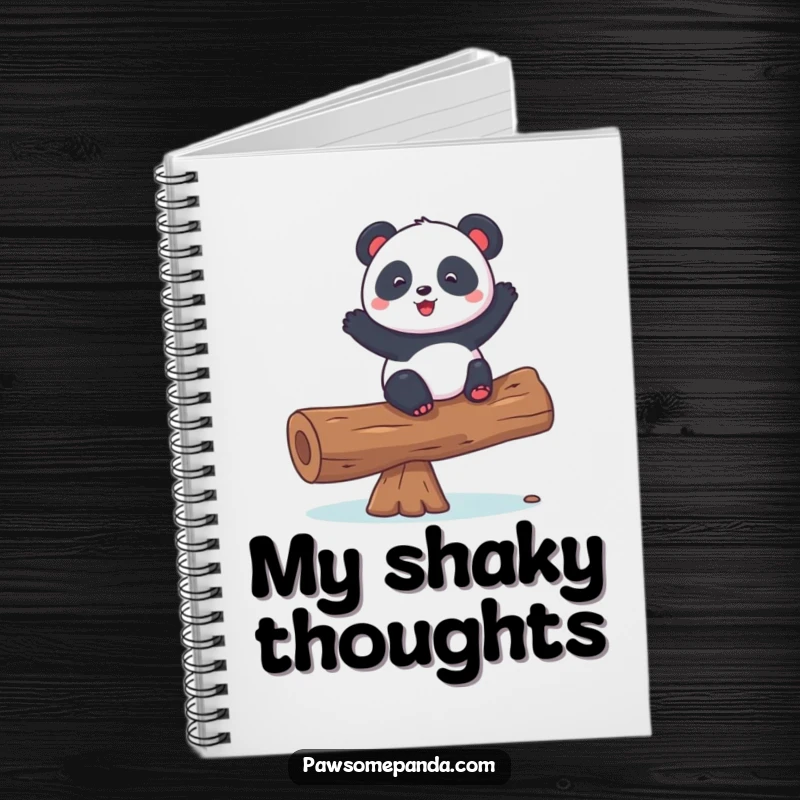 Funny notebook displaying a playful panda character balancing on a log, great for writing, drawing, and planning.