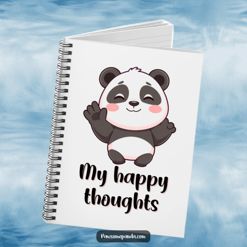 Funny notebook cover with a smiling panda character giving a happy wave, designed for jotting down notes and ideas with cheer.