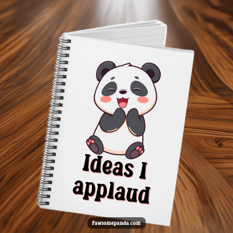 Funny notebook adorned with a cheerful panda character clapping its paws, perfect for capturing notes with a smile.
