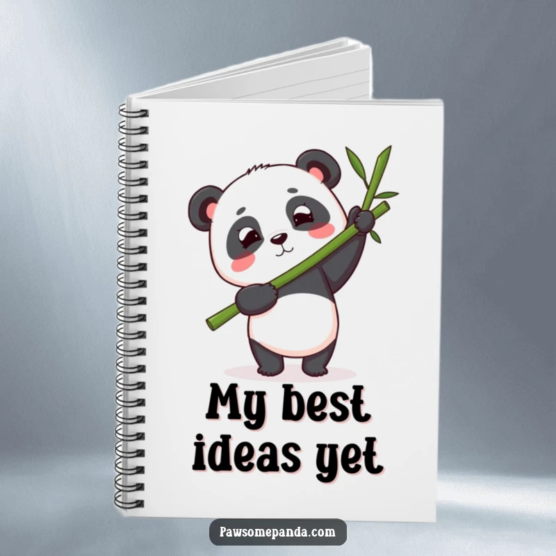 Funny panda notebook featuring a determined panda balancing a large bamboo stalk with focus, perfect for jotting down notes with inspiration.