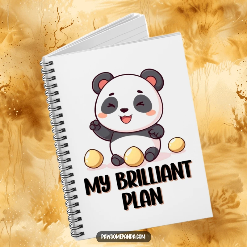 Funny panda notebook with a happy panda character juggling three shiny pebbles, designed to inspire creative writing and bring a smile.
