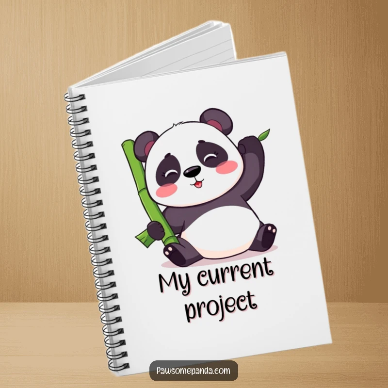 Funny kawaii panda bear balancing a large bamboo stalk, on a notebook cover, inspiring humorous organization and creativity.