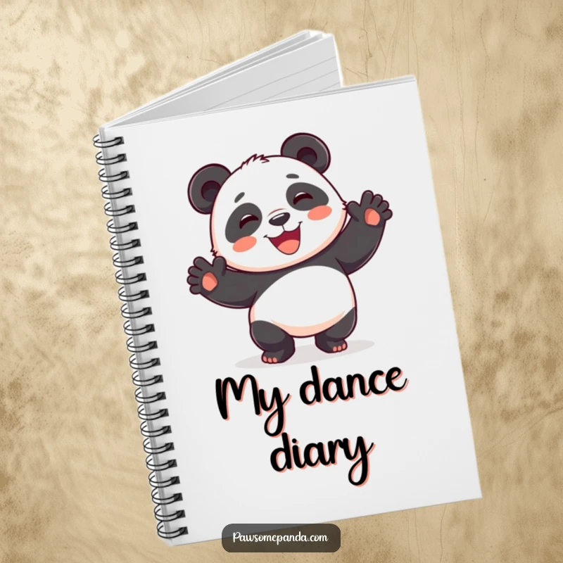 Funny playful panda notebook, dancing silly, paws in the air, wide smile, ideal for writing, a humorous gift.
