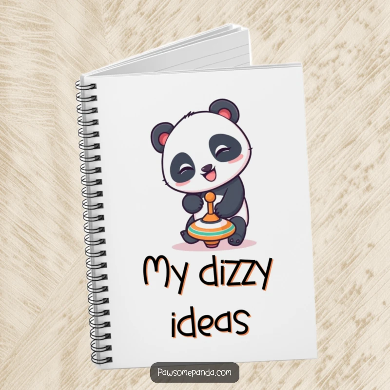Funny panda notebook with a playful panda character with a mischievous grin trying to balance a spinning top, designed to inspire creative writing.