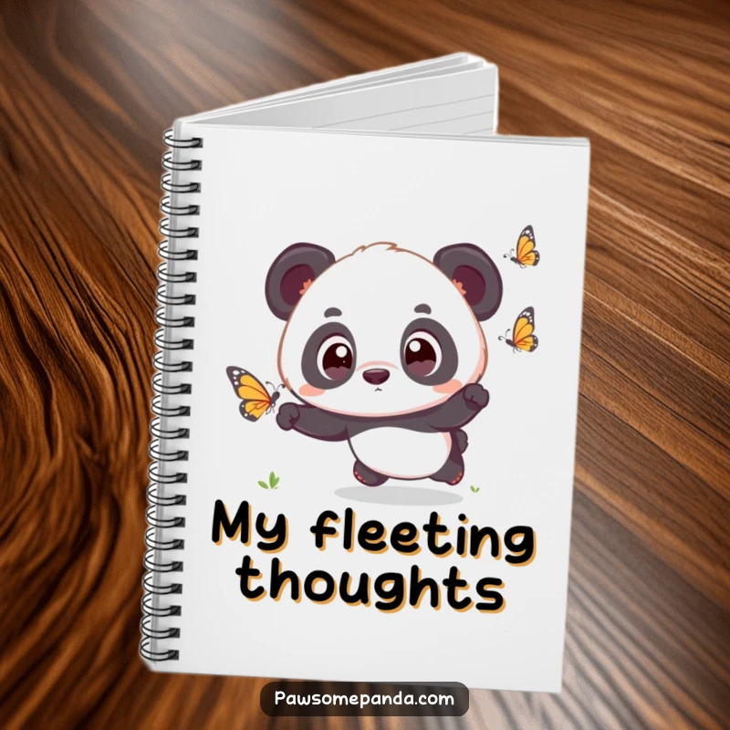 Funny kawaii panda cub with wide, surprised eyes, chasing a butterfly, featured on a notebook, fueling imagination.