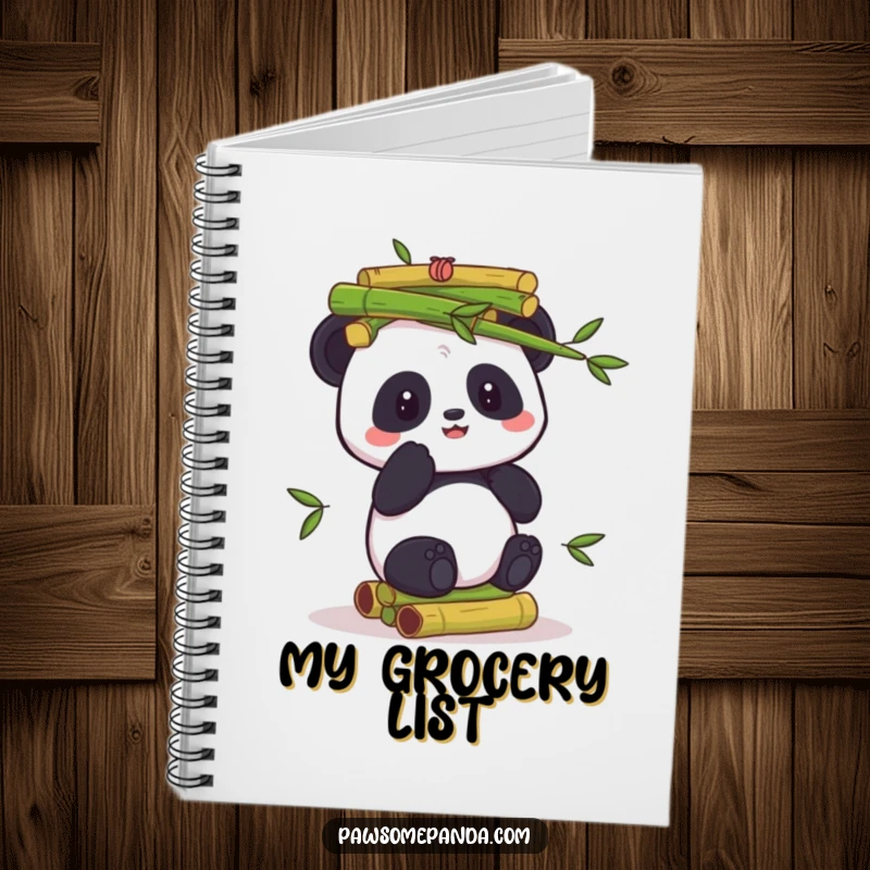 Funny notebook cover showing a panda character skillfully balancing a large stack of green bamboo shoots, perfect for journaling or note-taking.