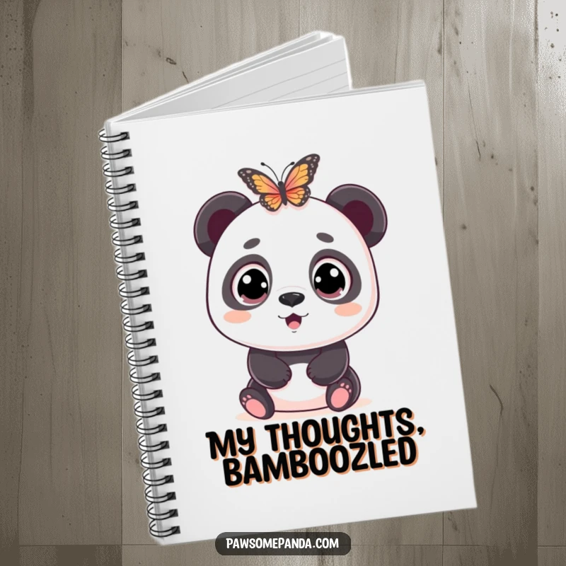 Funny notebook cover illustrating a wide-eyed panda character in a state of comical amazement and surprise upon seeing a butterfly near it.