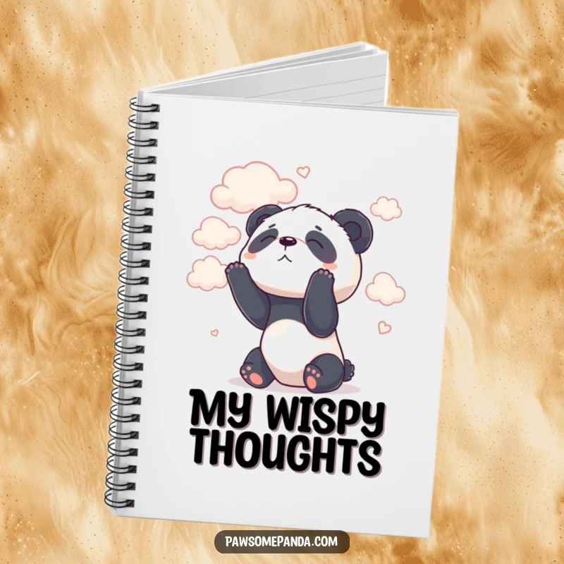 Funny notebook cover with a dreamy panda character looking up at fluffy clouds.