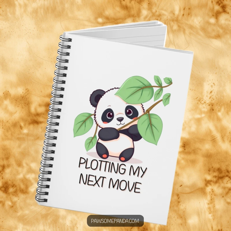 Funny panda notebook featuring a curious panda bear peeking from behind a large leafy fan, ideal for humorous note-taking.