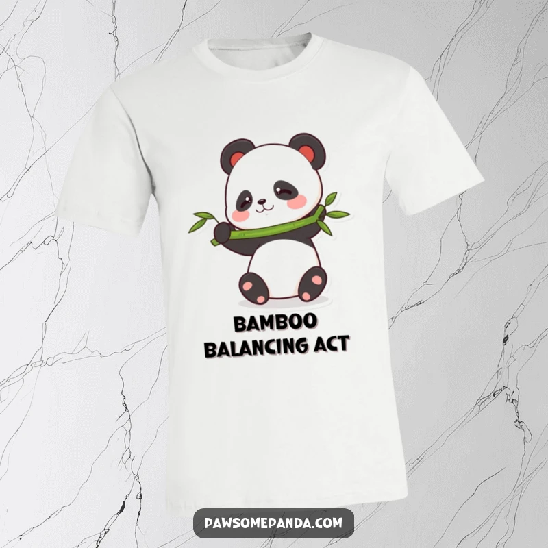 Funny balancing panda t-shirt portraying a cute panda attempting to balance a lengthy bamboo stalk, capturing a moment of playful effort.