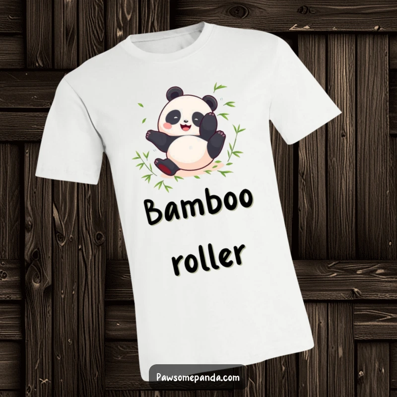 Funny t-shirt depicting a round panda doing a happy somersault, with bamboo leaves scattered around.