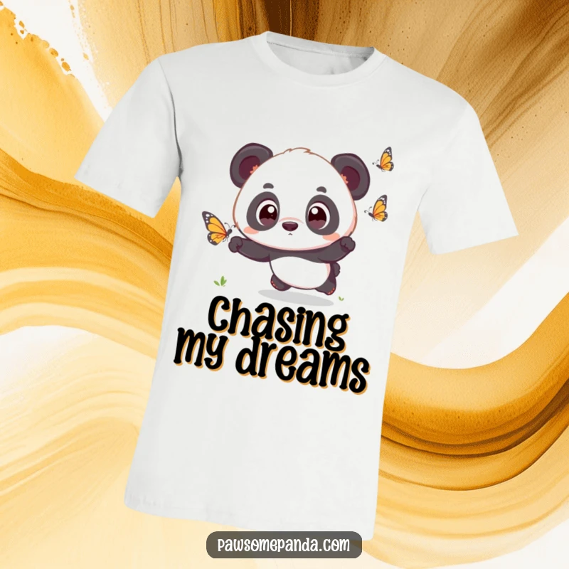 Funny kawaii panda cub with enormous surprised eyes, enthusiastically chasing a fluttering butterfly on a t-shirt.