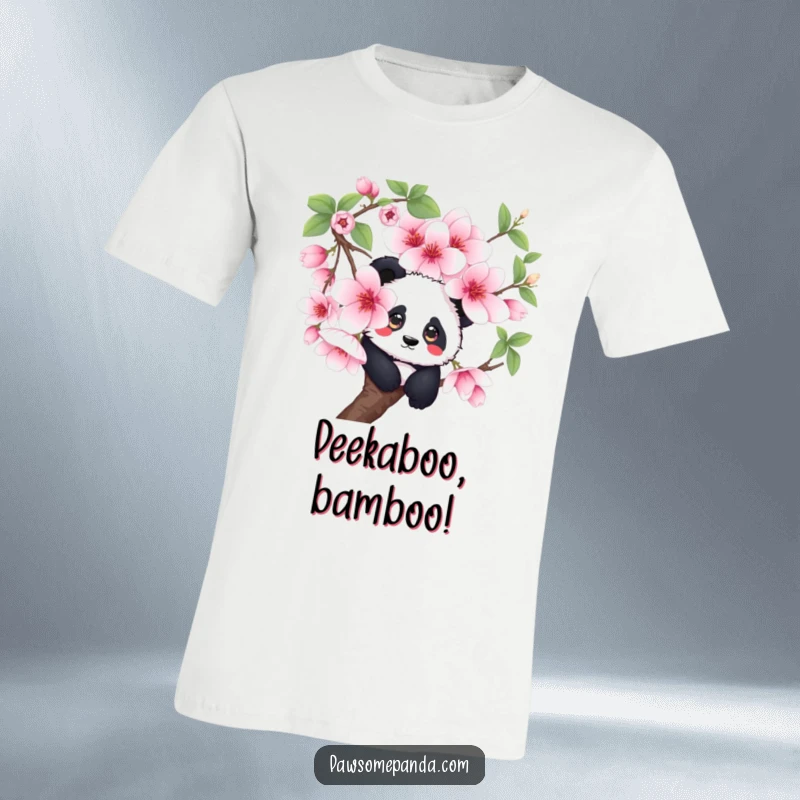 Funny curious panda t-shirt, peeking from a large blooming cherry blossom, a charming and humorous graphic tee.