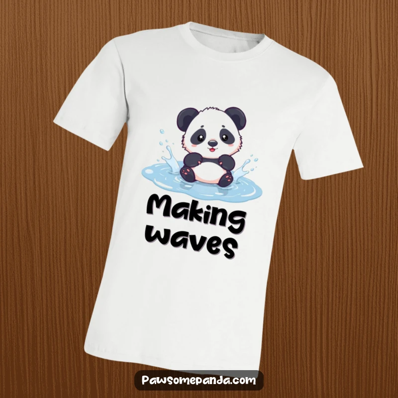Funny kawaii panda cub energetically splashing water in a puddle, depicted on a t-shirt, showcasing playful abandon.