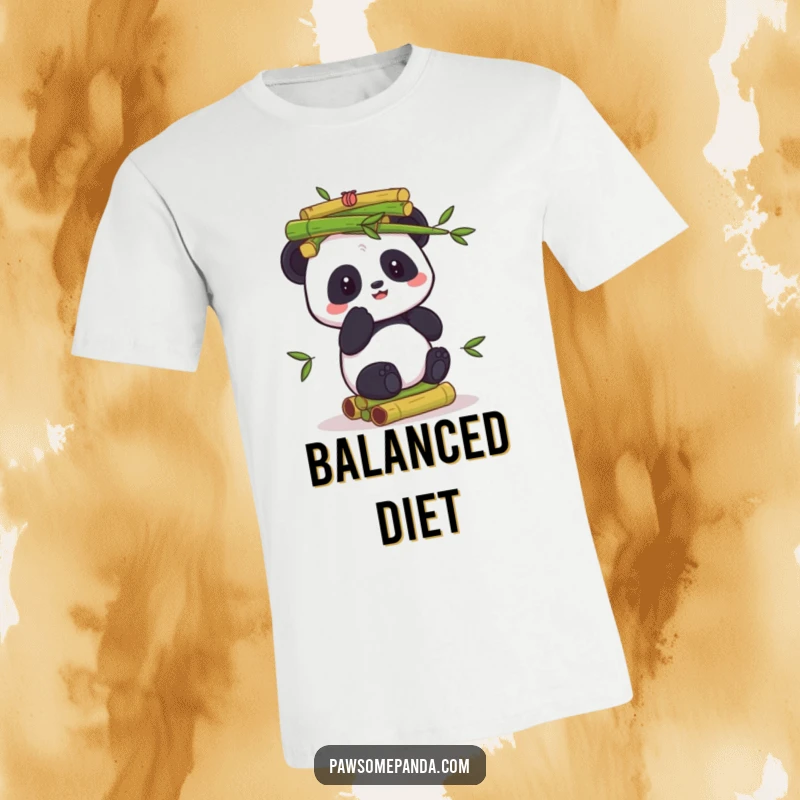 Funny t-shirt graphic of a panda character attempting to balance a large, unstable stack of bamboo shoots, looking focused yet comical.