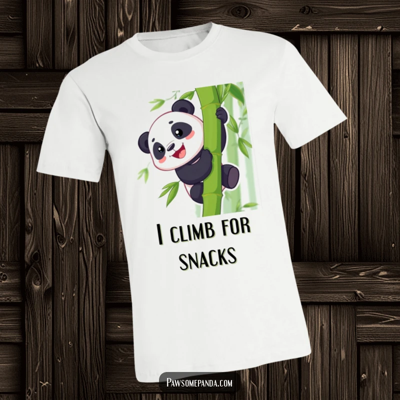 Funny T-shirt featuring a grinning panda character scaling a bamboo stalk with enthusiasm, capturing a moment of playful success.
