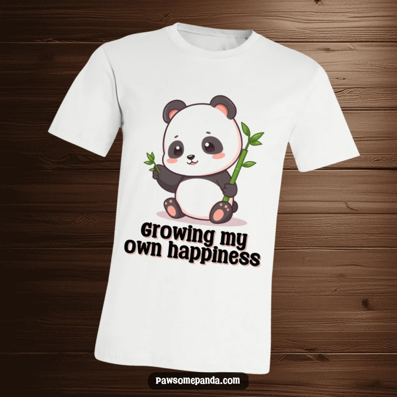 Funny T-Shirt: A small, happy panda character gently pats a tiny bamboo sprout with its paw in a heartwarming scene.