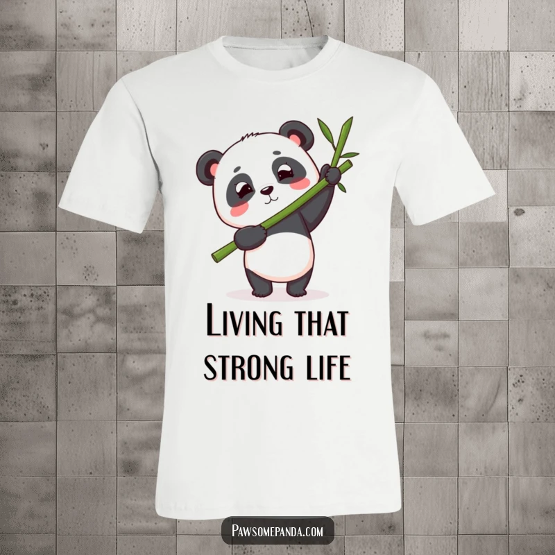 Funny panda t-shirt featuring an illustration of a panda character with determined focus, skillfully balancing a large bamboo stalk.