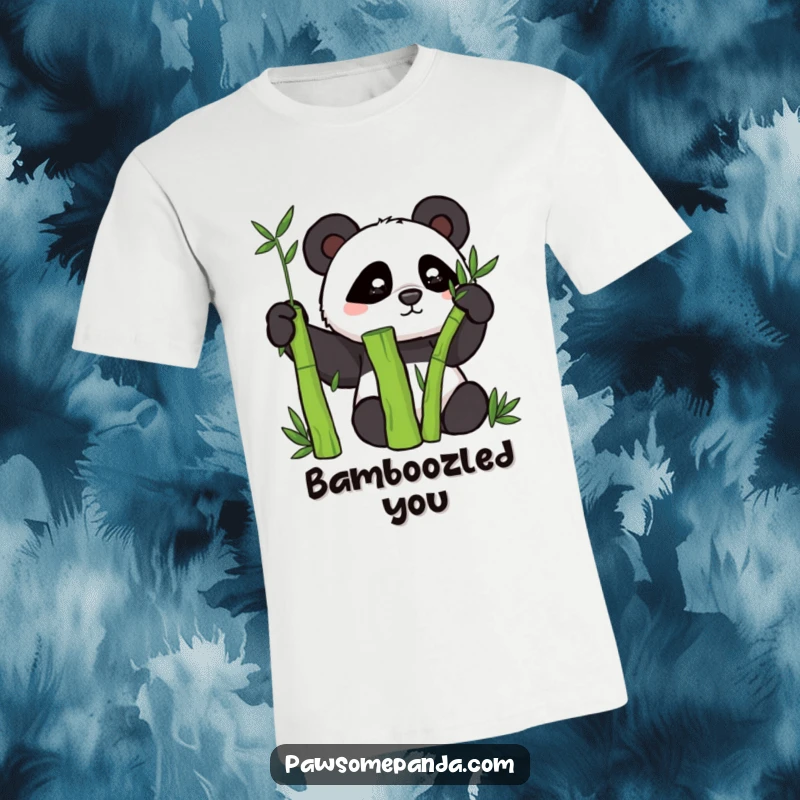 Funny t-shirt depicting a mischievous panda hiding slyly behind a tall bamboo stalk.
