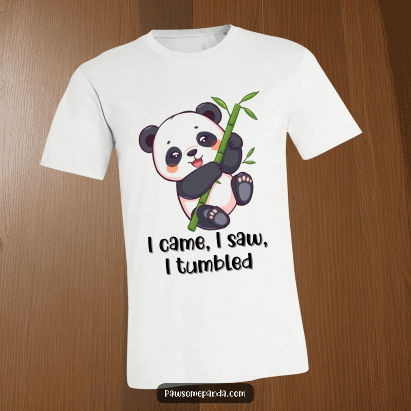 Funny panda t-shirt showing a happy panda bear gleefully tumbling down a bamboo stalk, a humorous and cute design.