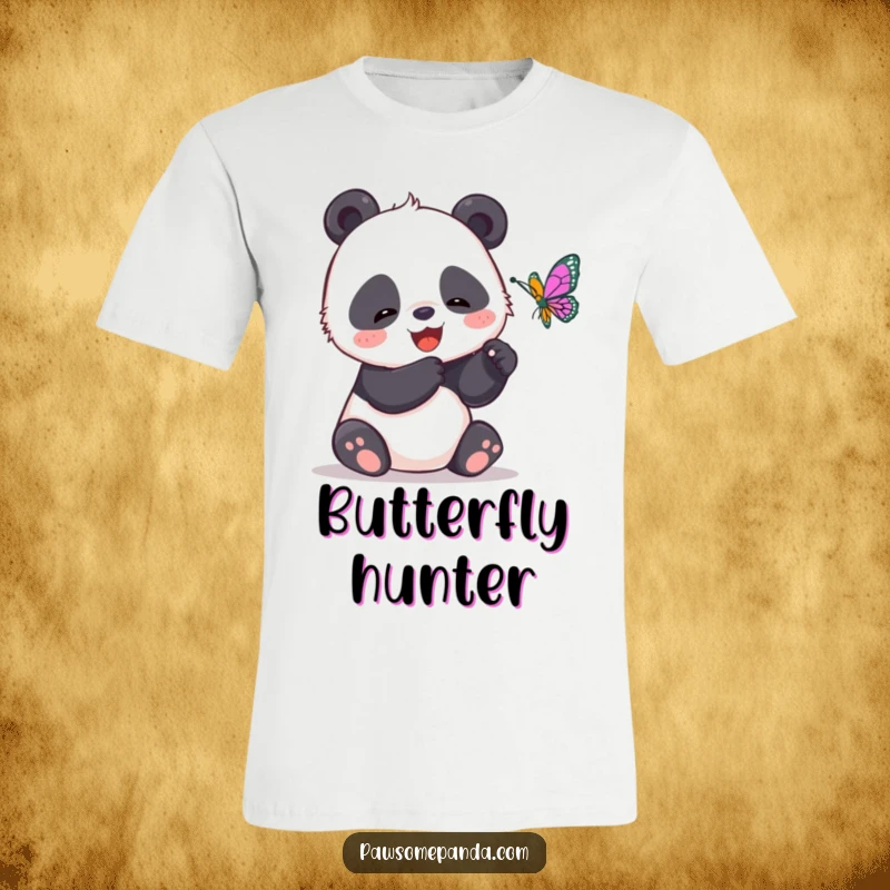 Funny t-shirt with a giggling panda reaching for a fluttering butterfly, capturing a moment of pure, unadulterated fun.