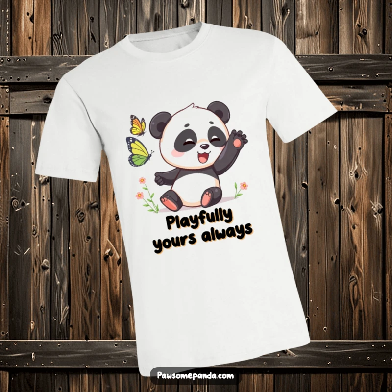 Funny T-Shirt: A cute panda playfully swatting at a butterfly, showing energetic action and humor, a delightful funny gift.