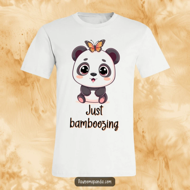 Funny t-shirt with a wide-eyed panda character looking utterly surprised and amazed by a small, colorful butterfly fluttering in front of it.