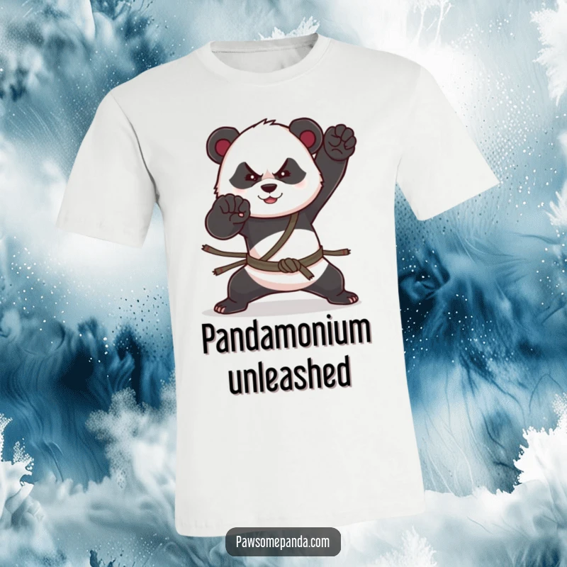 Funny t-shirt depicting a panda in a powerful martial arts pose, ready to strike with a mix of determination and humor.