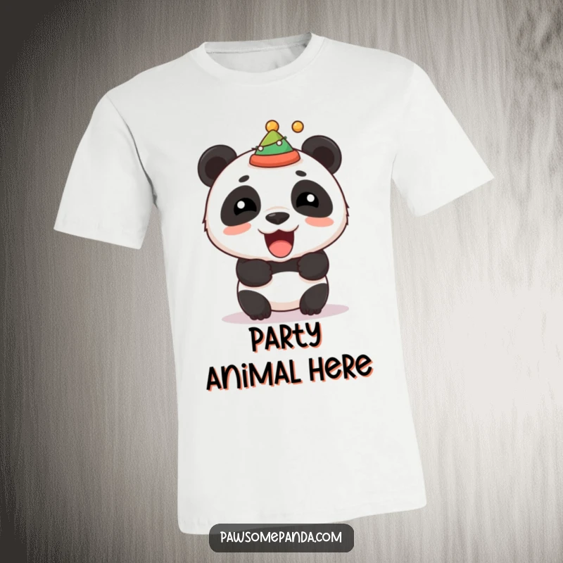 Funny t-shirt with a stocky panda roaring playfully, wearing a small festive hat tilted to the side, ready to celebrate.