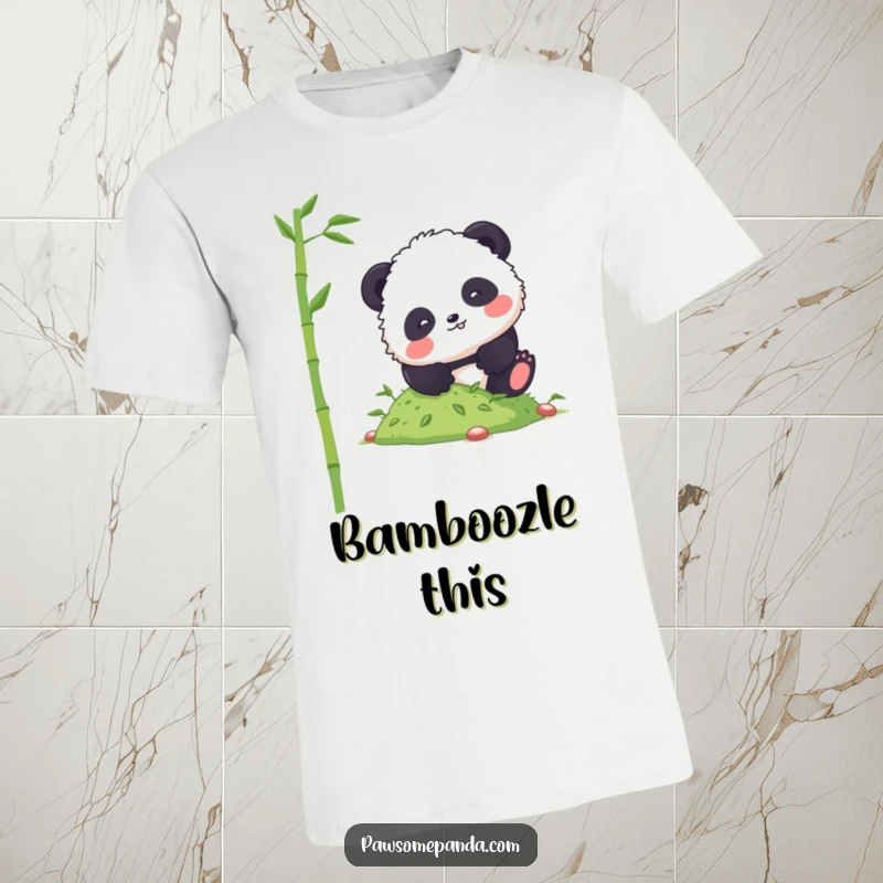 Funny panda t-shirt depicting a fluffy character comically tumbling down a gentle slope covered in bamboo shoots, looking slightly dazed.