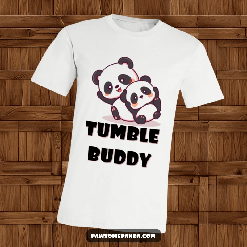 Funny t-shirt depicting two happy pandas playfully tumbling over each other with glee.
