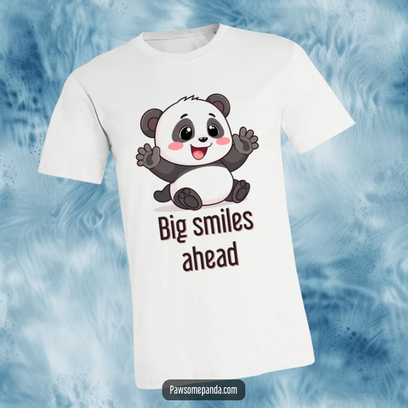 Funny T-Shirt: A happy panda waving enthusiastically with a giant smile, radiating joy and humor, a great funny gift.