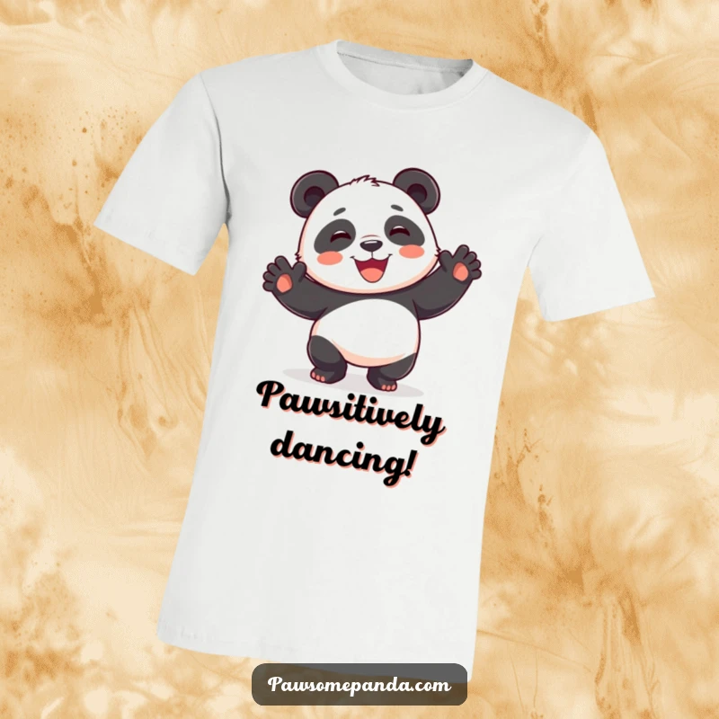Funny playful panda t-shirt, dancing silly with paws raised, wide grin, a comical and energetic graphic tee.