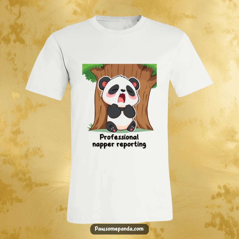 Funny T-Shirt: A cute panda character sits by a tree, yawning expansively, expressing peak relaxation and coziness.