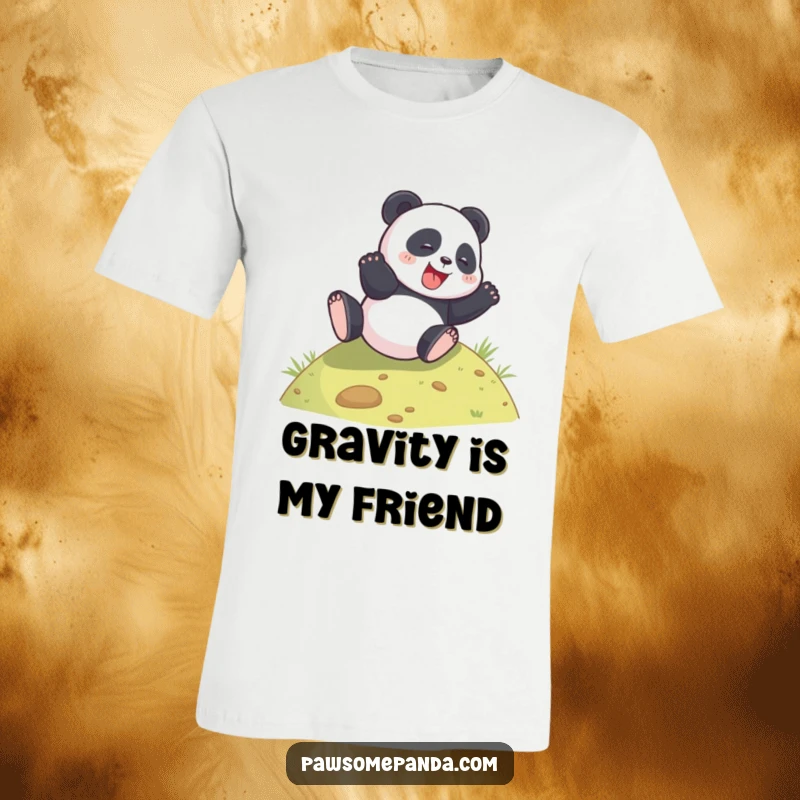Funny panda shirt, rolling downhill with pure joy, capturing a moment of playful freedom.