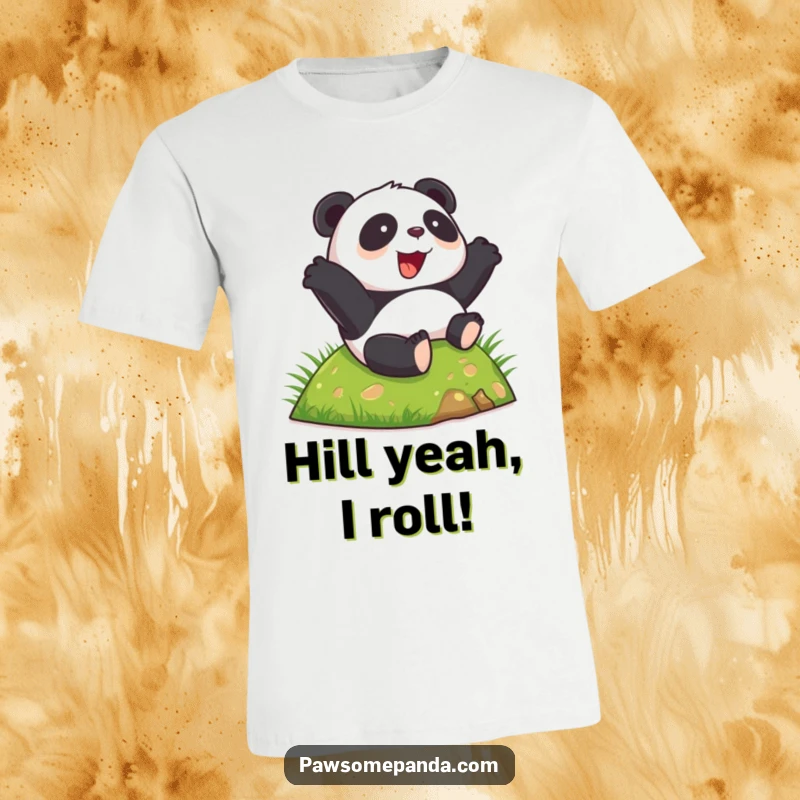 Funny happy panda t-shirt, rolling down a green hill with glee, joyful and energetic, a comical graphic tee.