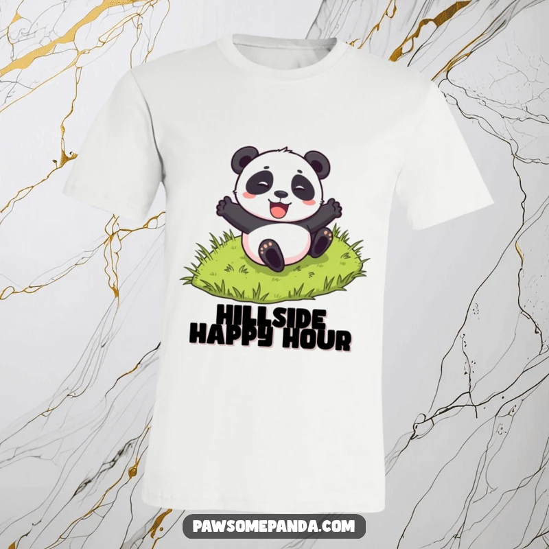 Funny t-shirt depicting a panda character excitedly rolling down a green grassy hill, embodying pure playful energy.
