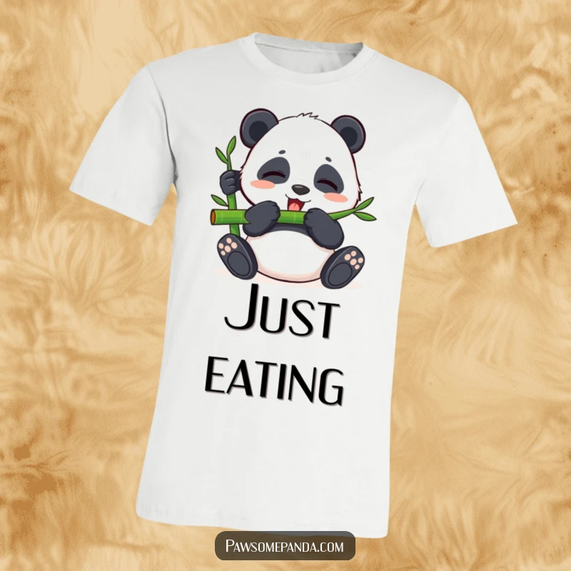 Funny t-shirt featuring a content panda blissfully eating a bamboo shoot with closed eyes, conveying peaceful enjoyment.