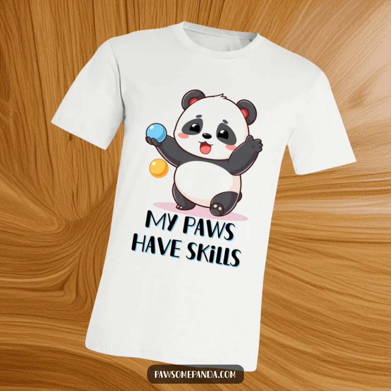 Funny chubby panda t-shirt, surprised expression, juggling colorful balls mid-air, a comical and joyful graphic tee.