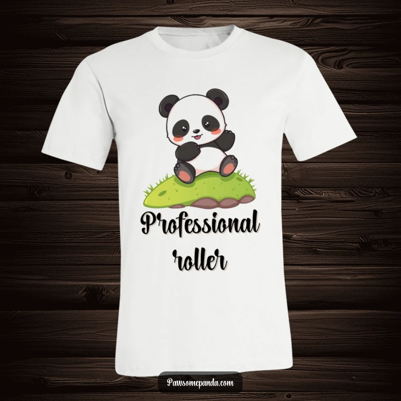 Funny T-shirt showcasing a happy panda character tumbling with glee down a sunlit grassy slope, capturing a moment of pure silliness.