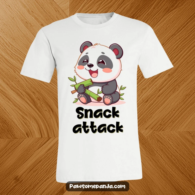 Funny t-shirt showcasing a kawaii panda cub happily munching on a bamboo stick, radiating pure bliss and snack satisfaction.